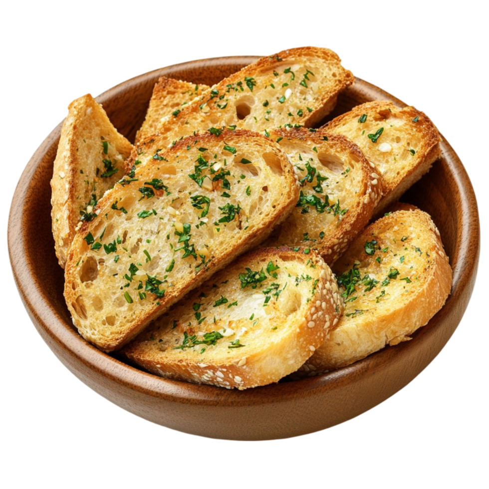 Bread Slices in a Bowl with Cheese and Herbs on Transparent Background png
