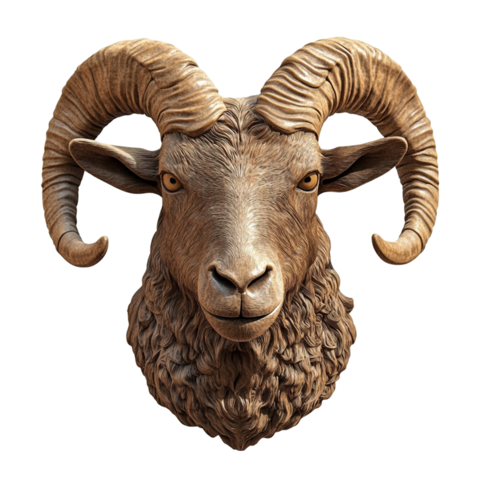 A ram head with large horns on a transparent background png