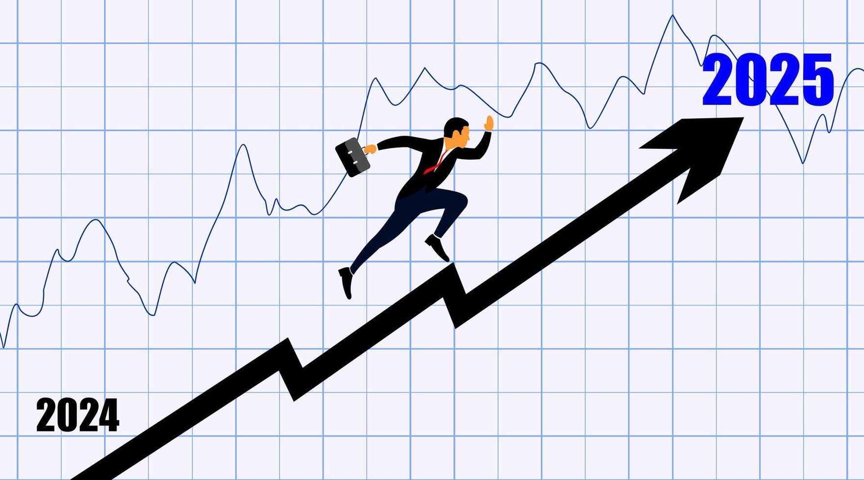 businessman running upward along a black arrow, The transition from 2024 at the lower left to 2025 at the upper right reinforces the theme of moving forward and achieving goals in the new year vector