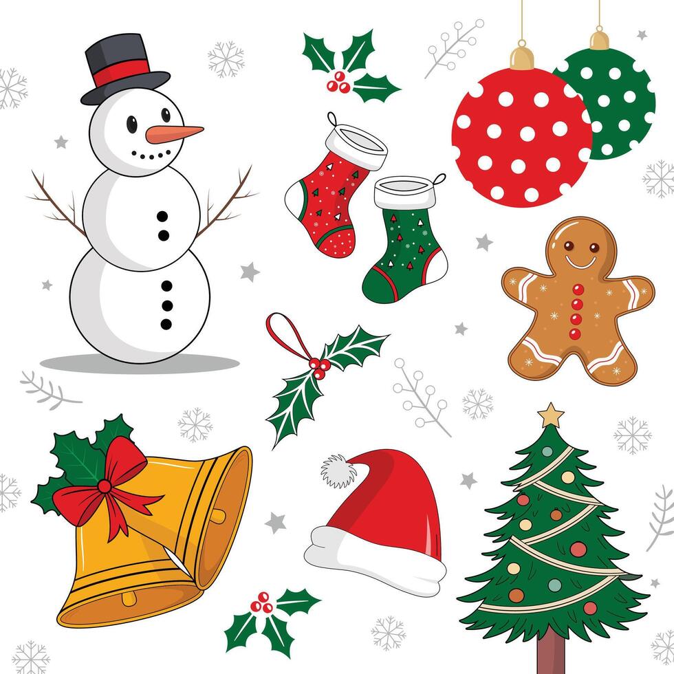Christmas clipart set illustration with snoeman, tree, gingerbread, hat vector