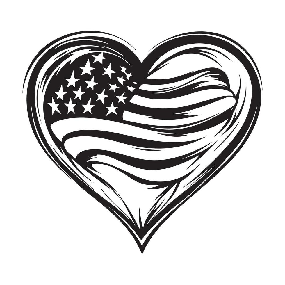 Black and white USA Flag In The Form Of A Heart Stock Illustration Image isolated on white background, vector