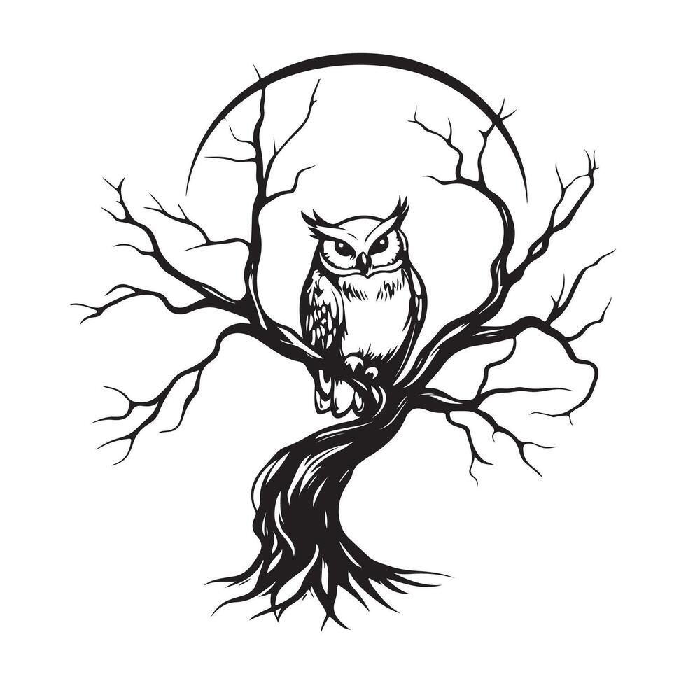 Owl sitting on a branch of tree image. Black and white Owl sitting on a branch of tree image. vector