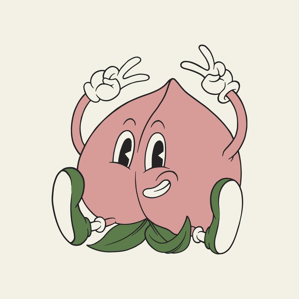 funny peach fruit retro cartoon mascot vector