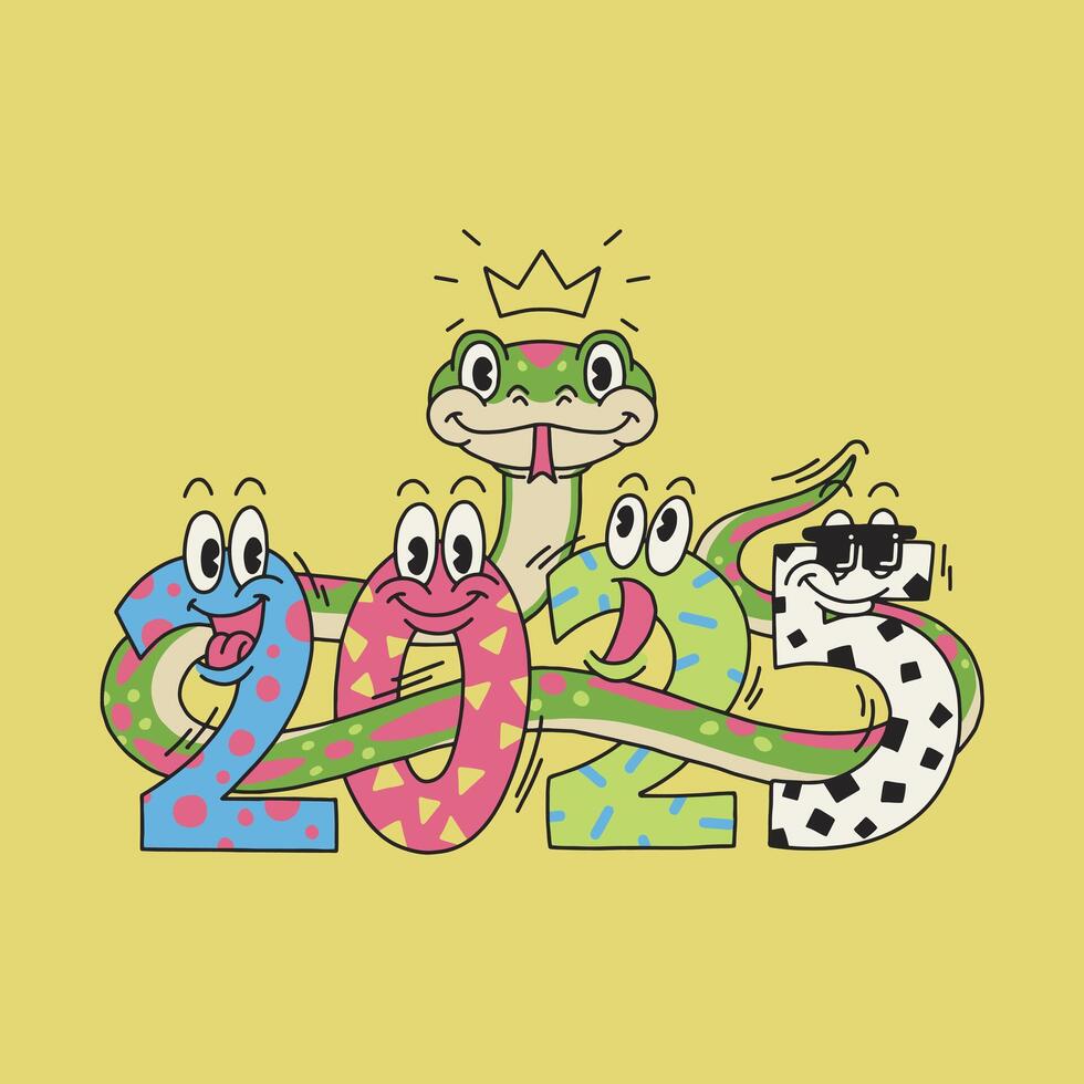 cute snake 2025 retro cartoon doodle vector