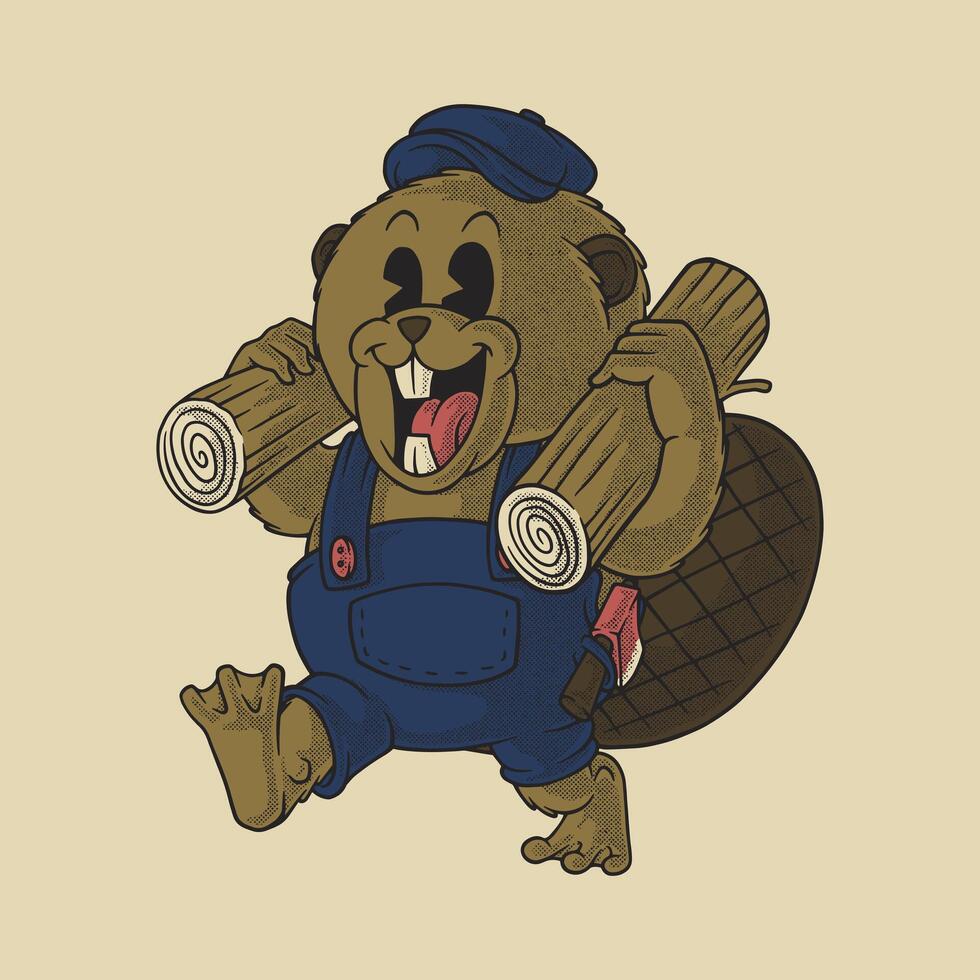 working beaver retro cartoon mascot vector
