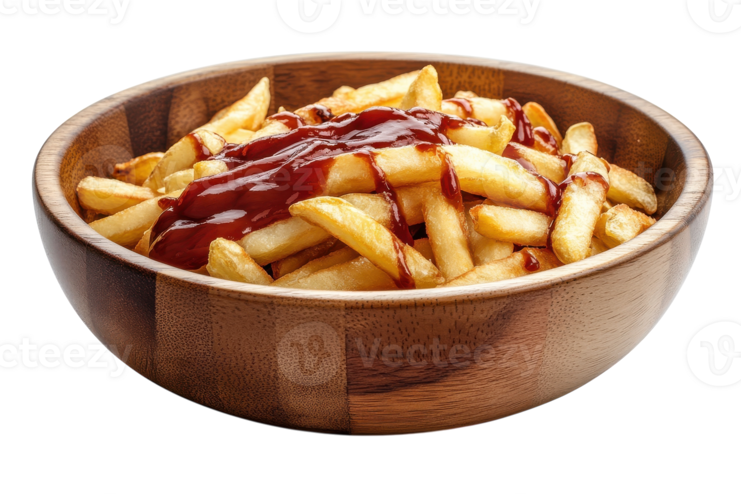 Crispy golden fries served in a wooden bowl with rich ketchup on top for a delightful snack experience png