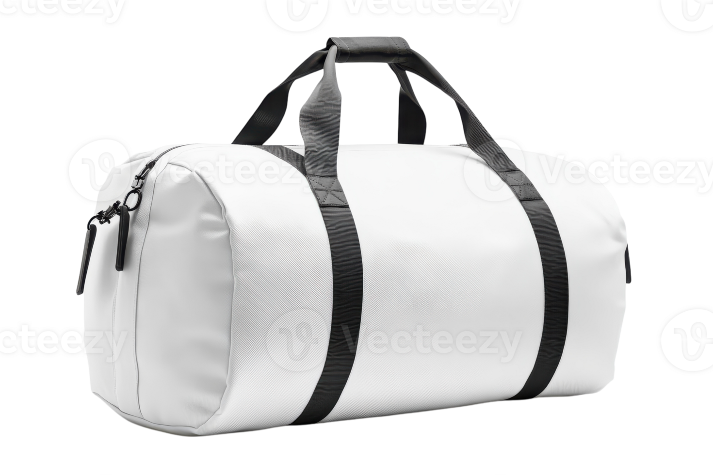 Stylish white duffel bag with black straps ideal for travel and fitness activities png
