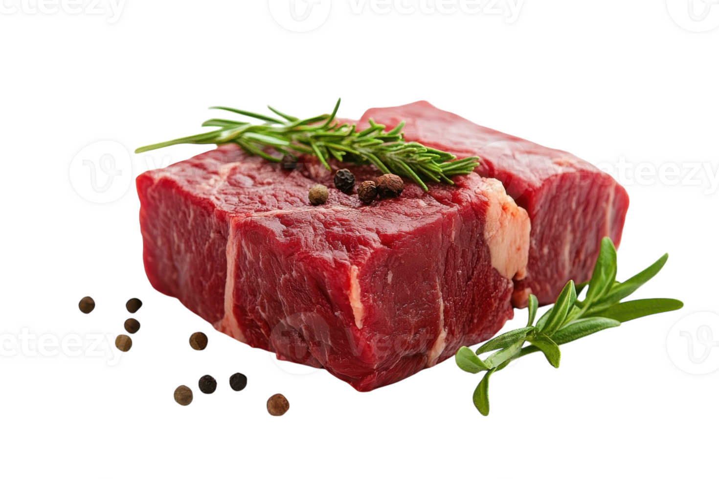 Fresh cuts of raw beef with herbs and spices, perfect for grilling or roasting png