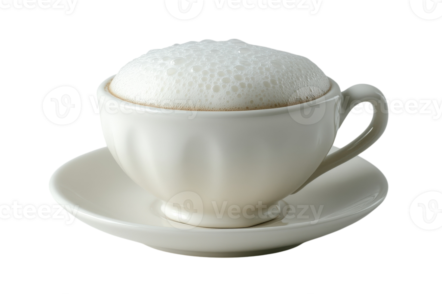 Creamy cappuccino served in a white ceramic cup with saucer and frothy milk foam png