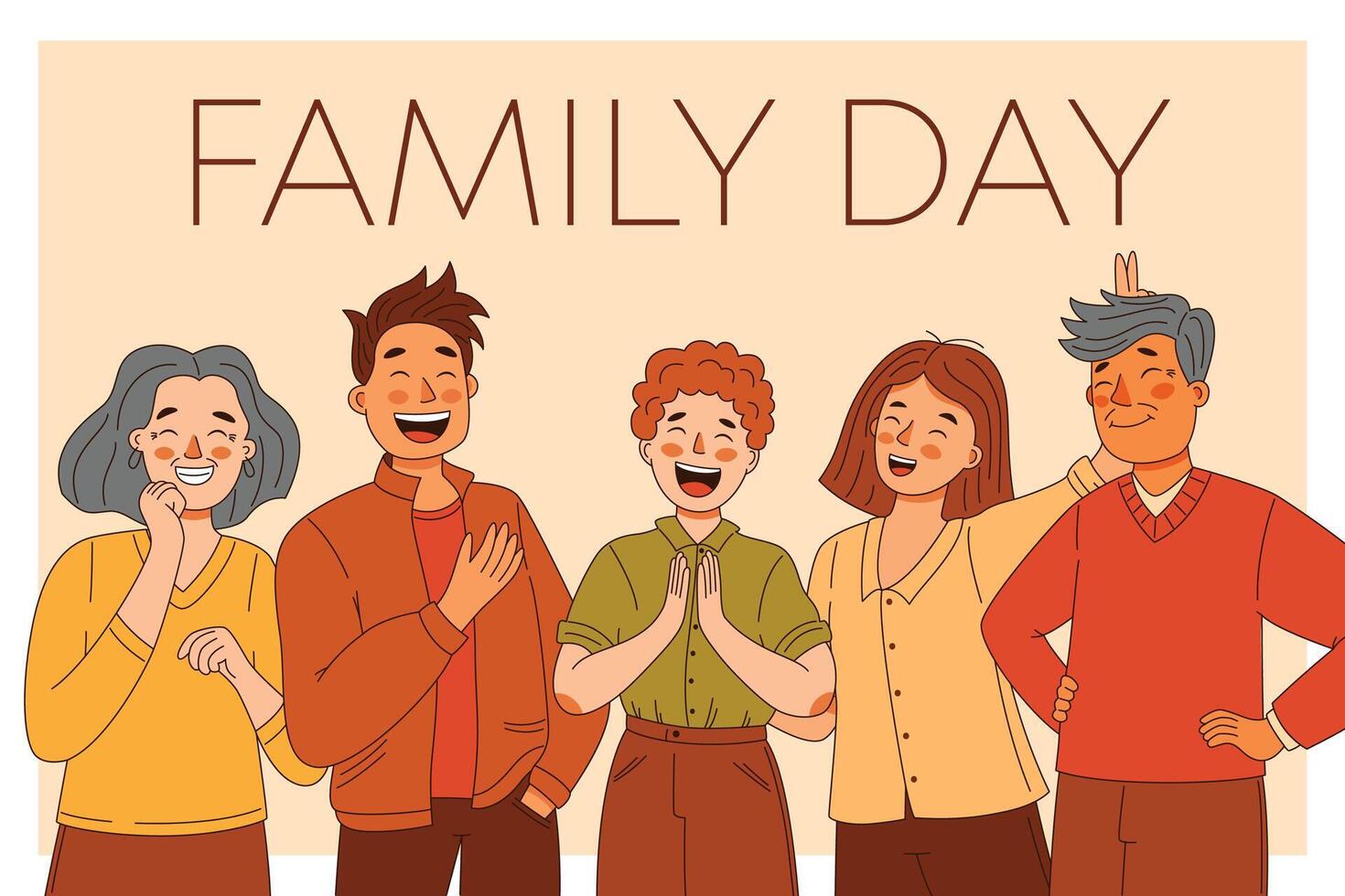 Happy family father and mother, grandma with grandpa and son, international family day card, cartoon illustration vector