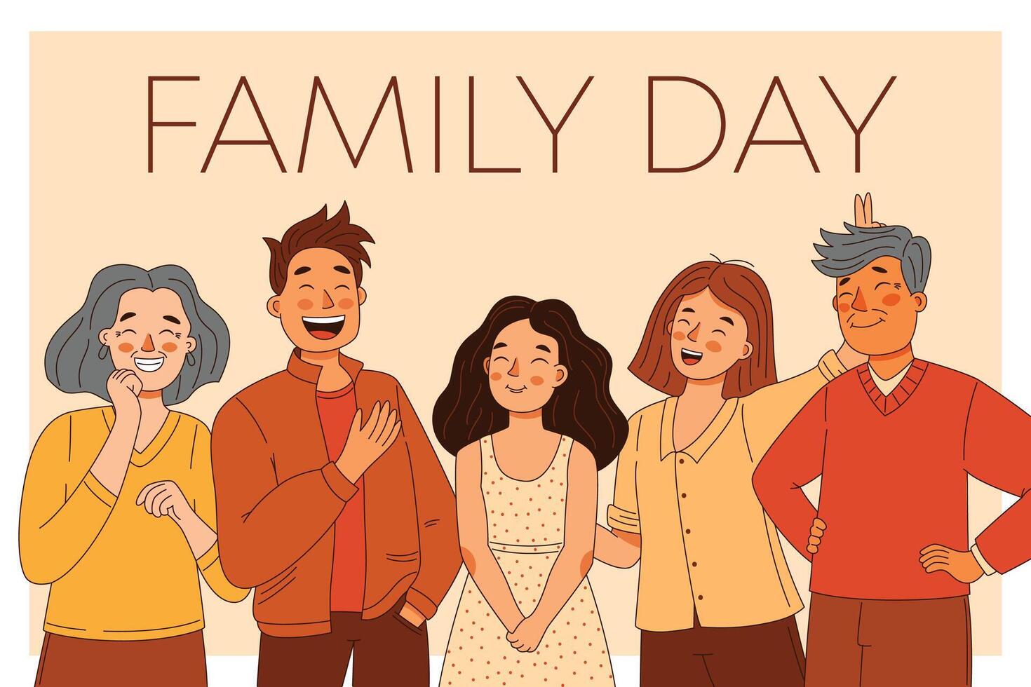 Happy family father and mother, grandma with grandpa and daughter, international family day card vector