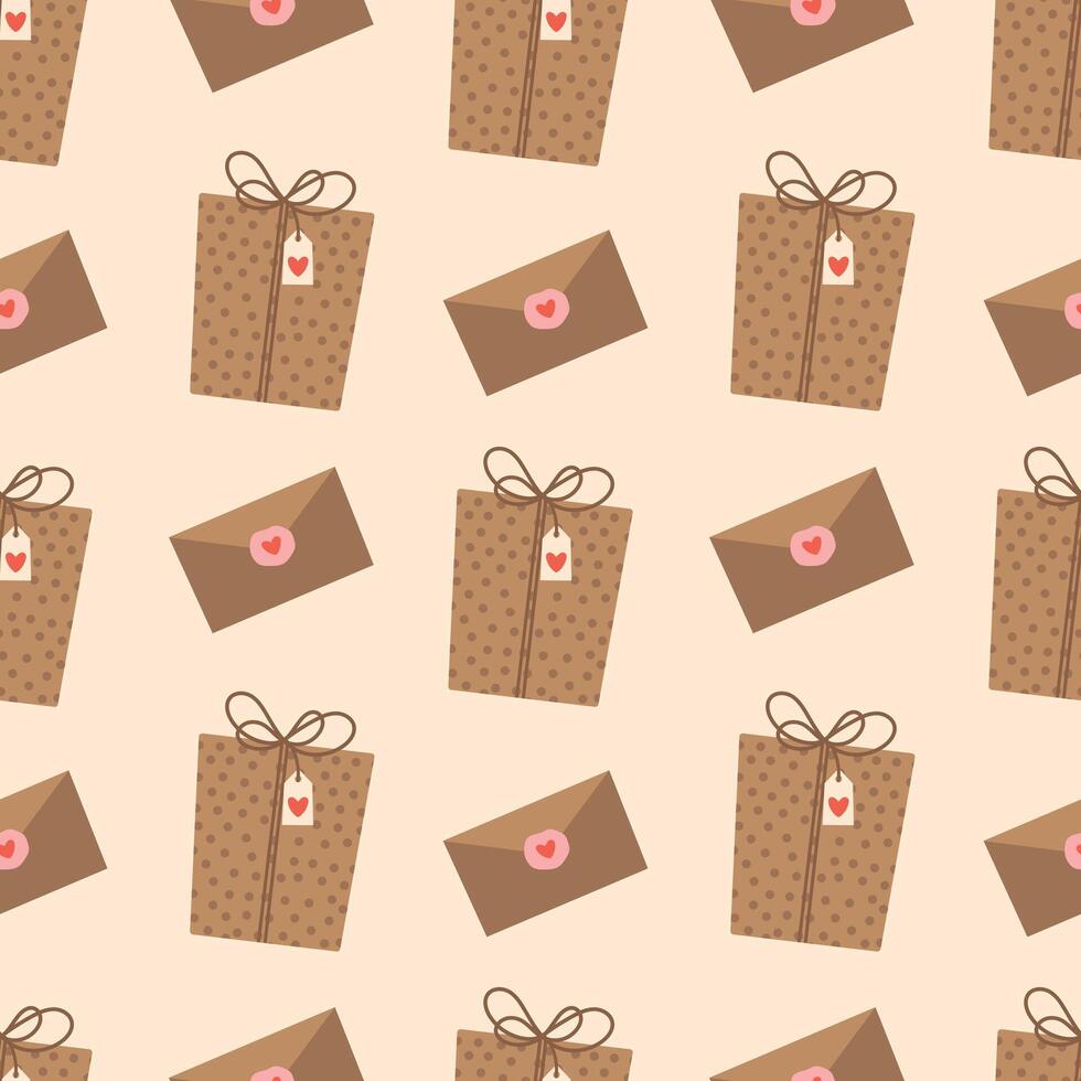 Valentine's day seamless pattern. Gift box and envelope on a light background. illustration for packaging, wrapping paper, greeting card, background, fabric vector