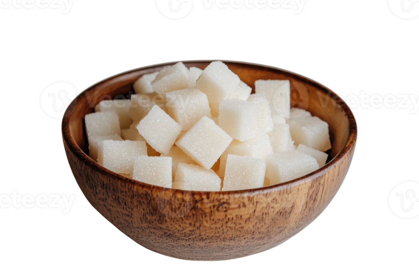Cubes of sugar in a wooden bowl ready for sweetening beverages and desserts at a kitchen countertop png