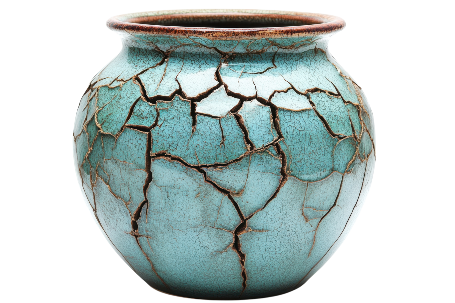 Decorative cracked pottery vase showcasing intricate details and vibrant turquoise color in a well-lit setting png