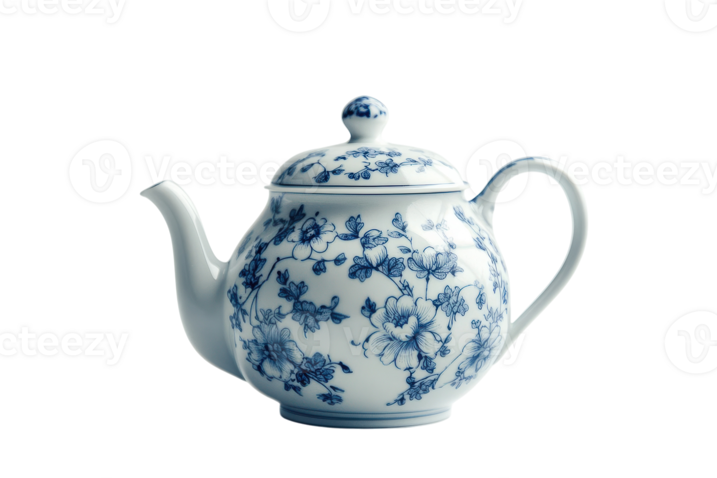 Elegant blue and white porcelain teapot with floral design on a plain background png