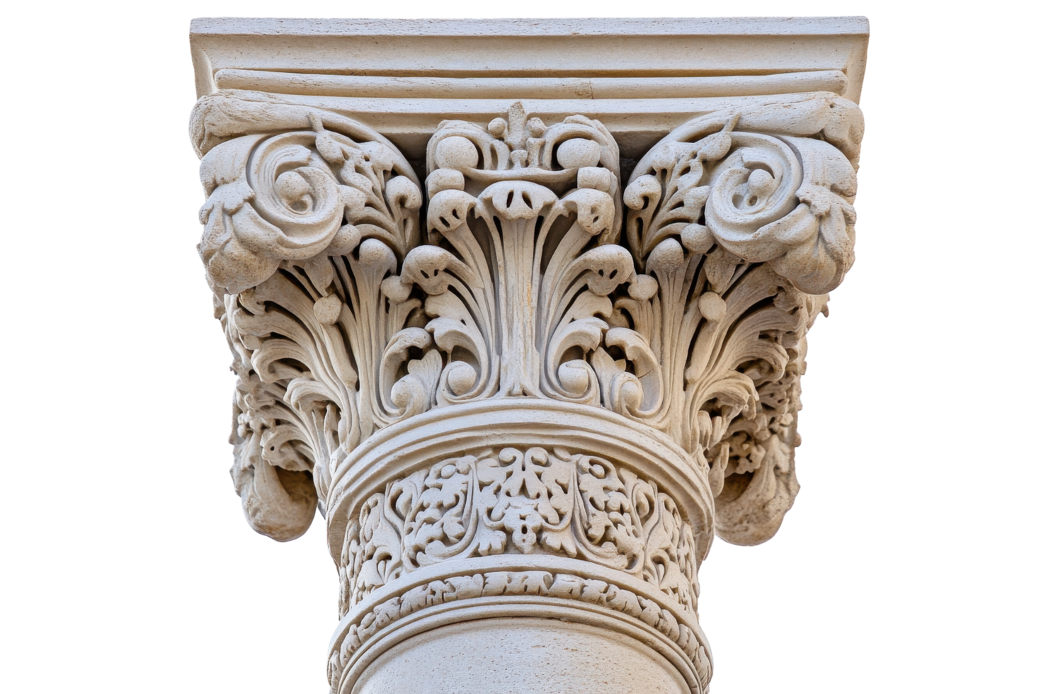 Detailed view of an ornate Corinthian column showcasing intricate floral designs in a historical architecture setting png