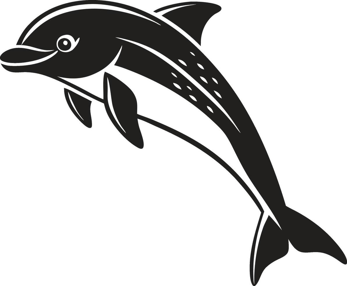 black and white silhouette of a dolphin in mid-leap icon vector