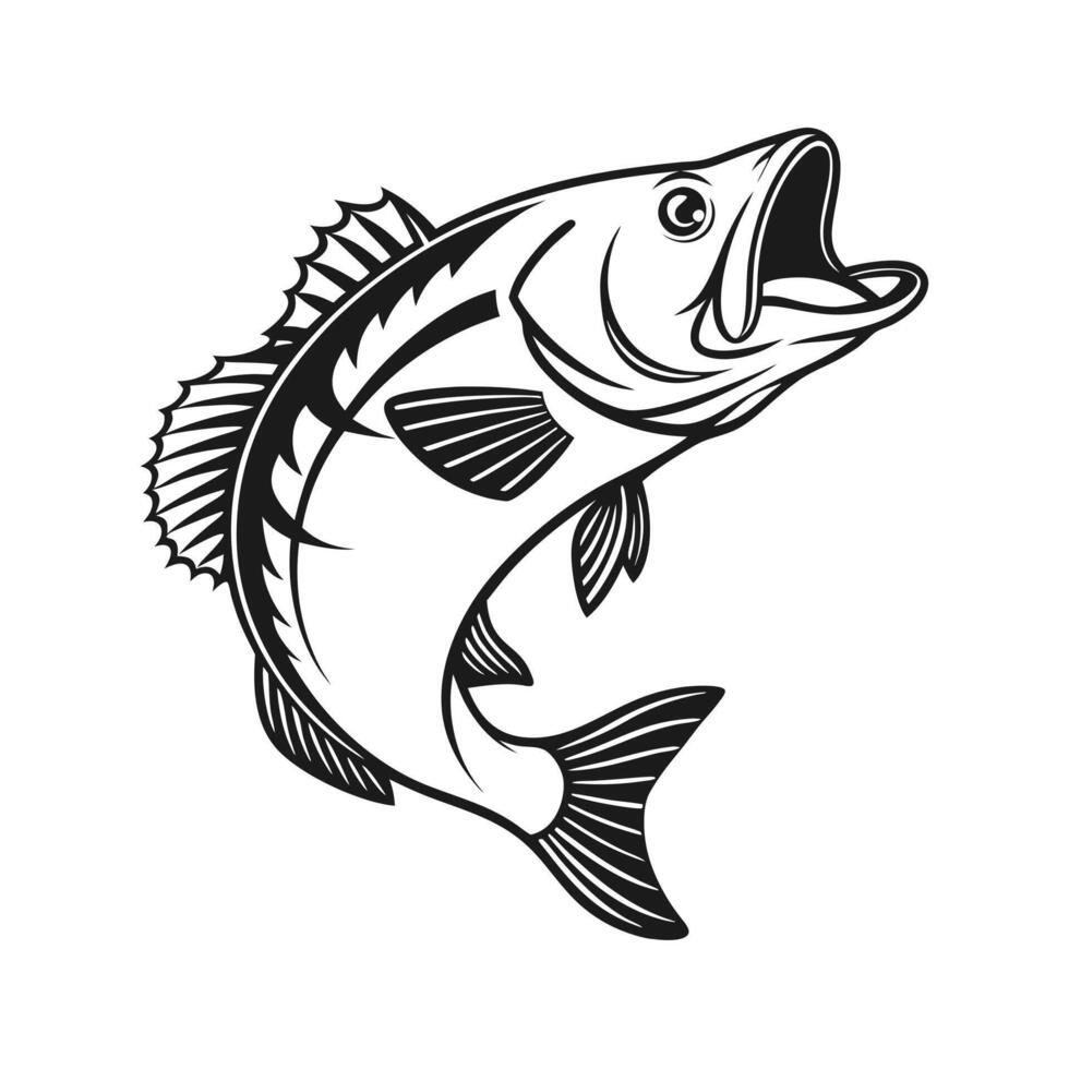 A stylized, black and white graphic of a carp fish leaping out of the water. vector