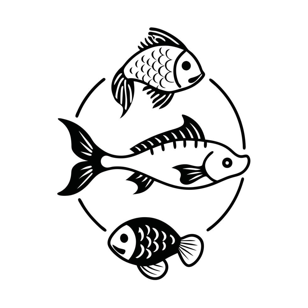 black and white line drawing of a fish icon vector
