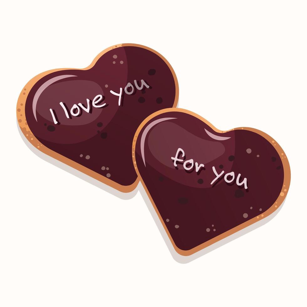 Valentine's Day Sweets. Two gingerbread cookies in chocolate glaze with the inscription. I love you. Appetizing cookies. Festive illustration. vector