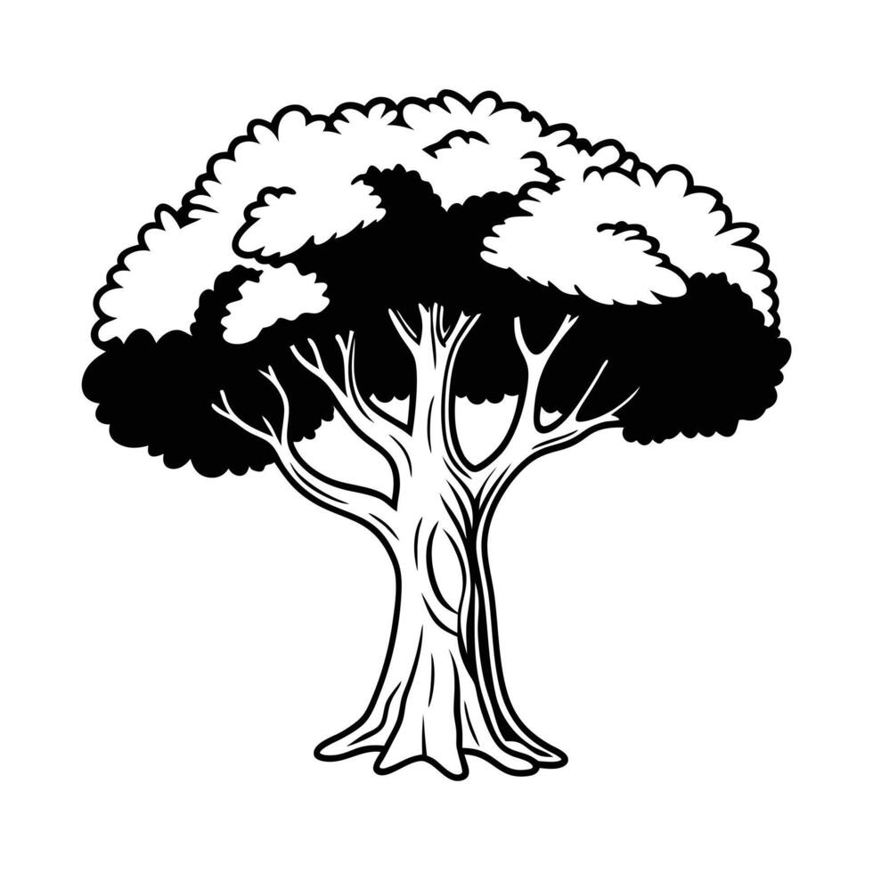 black and white r illustration of a mature tree. vector