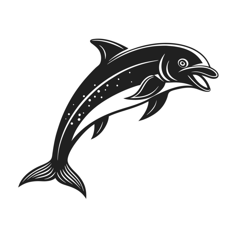 A stylized, black and white silhouette of a fish leaping, featuring intricate, tribal-inspired patterns on its body and tail. vector