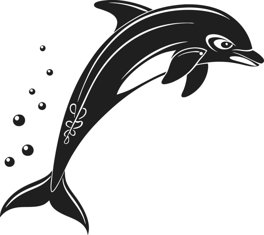 A stylized, black silhouette of a dolphin leaping out of the water. vector