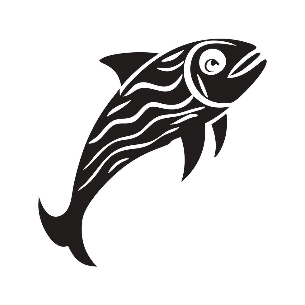 A striking black and white silhouette of a dolphin in mid-leap, mouth open, showcasing a powerful, graceful, and dynamic pose. vector
