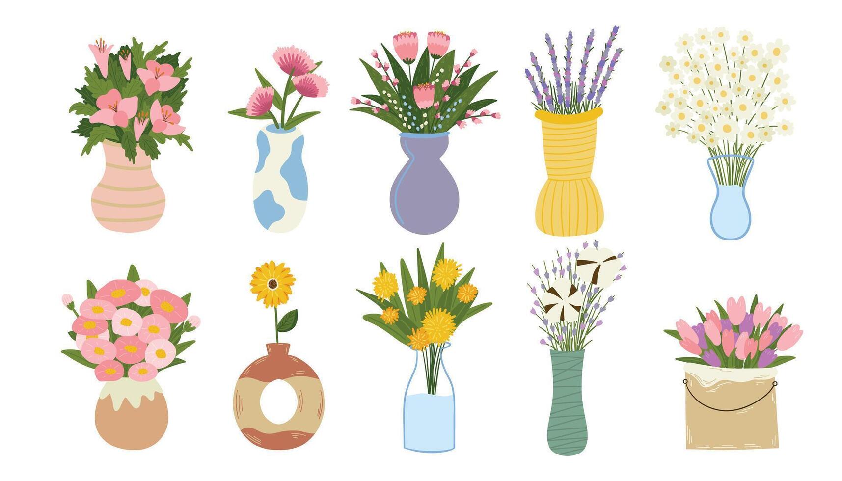 Bouquets of flowers in different vases. Spring and summer colorful flowers. Set of cartoon flat illustrations. vector