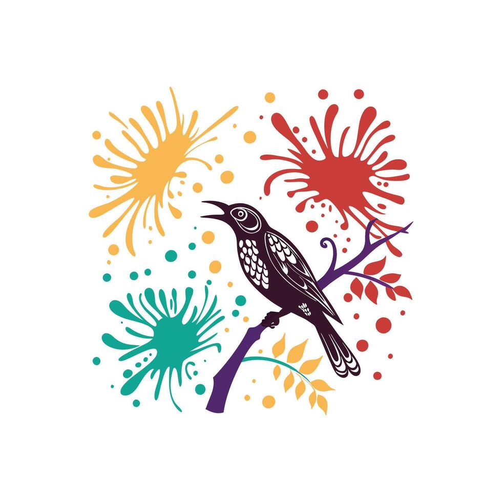 A bird sitting on a branch with colorful splashes vector