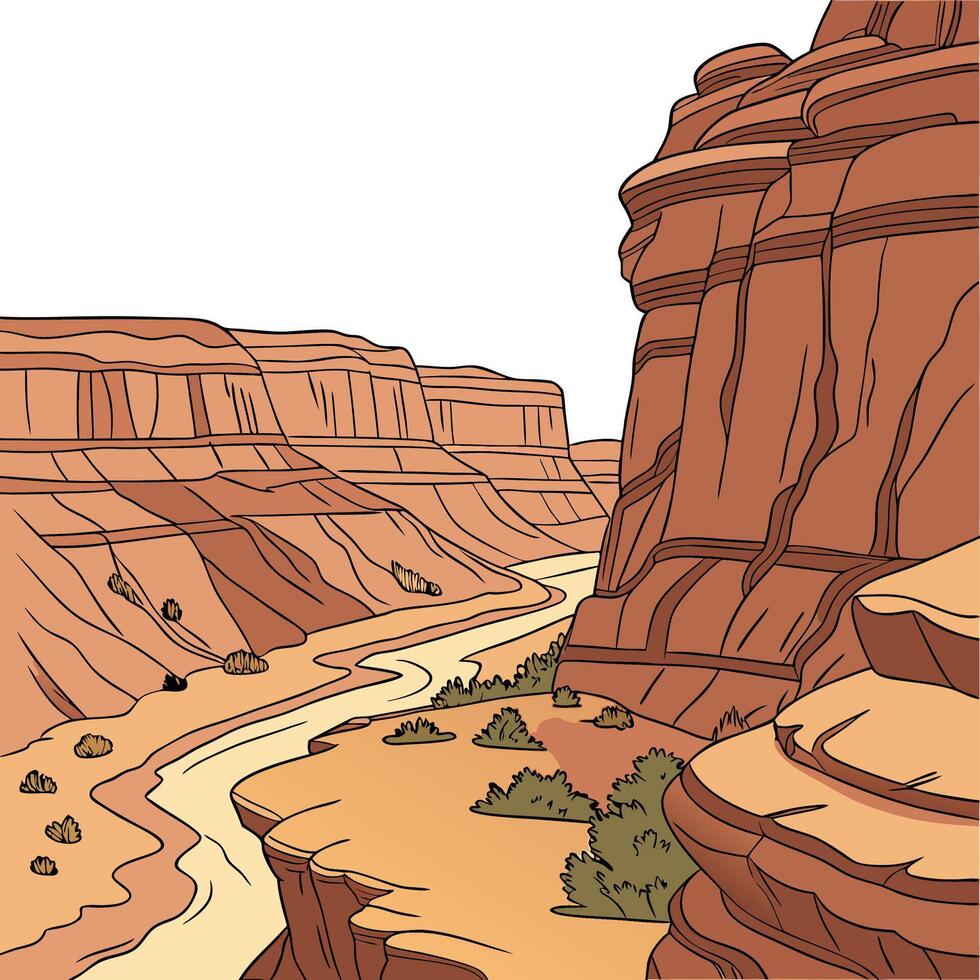 A cartoon drawing of a canyon with a river running through it vector