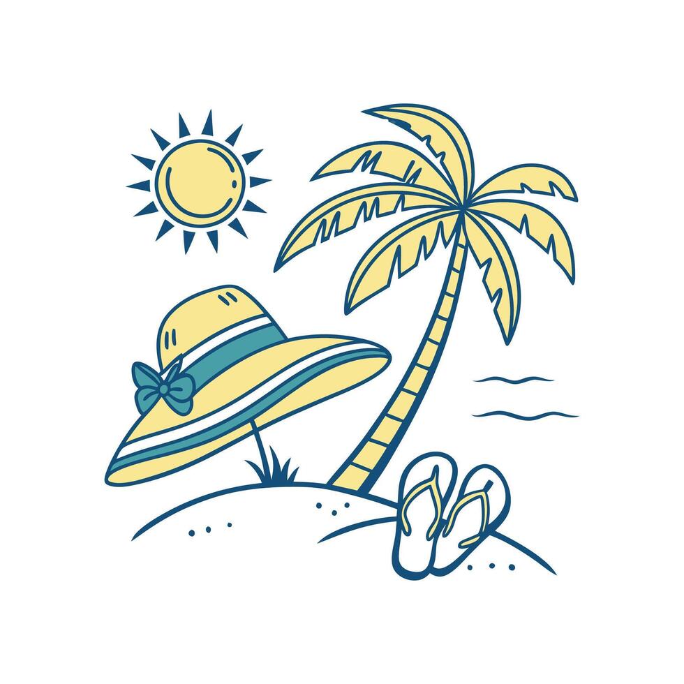 A hat and flip flops on the beach with palm trees vector