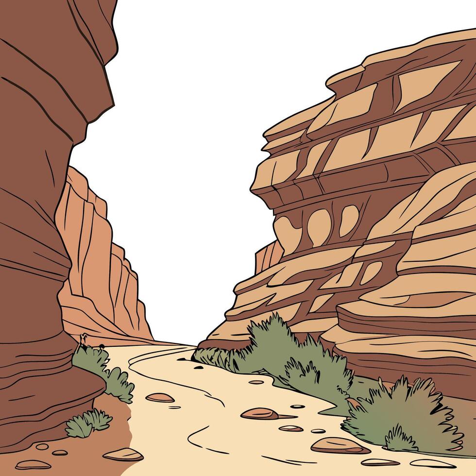 A cartoon illustration of a canyon with a stream running through it vector