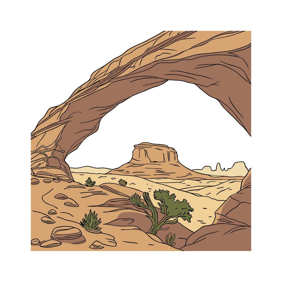 An illustration of a desert landscape with a rock arch vector