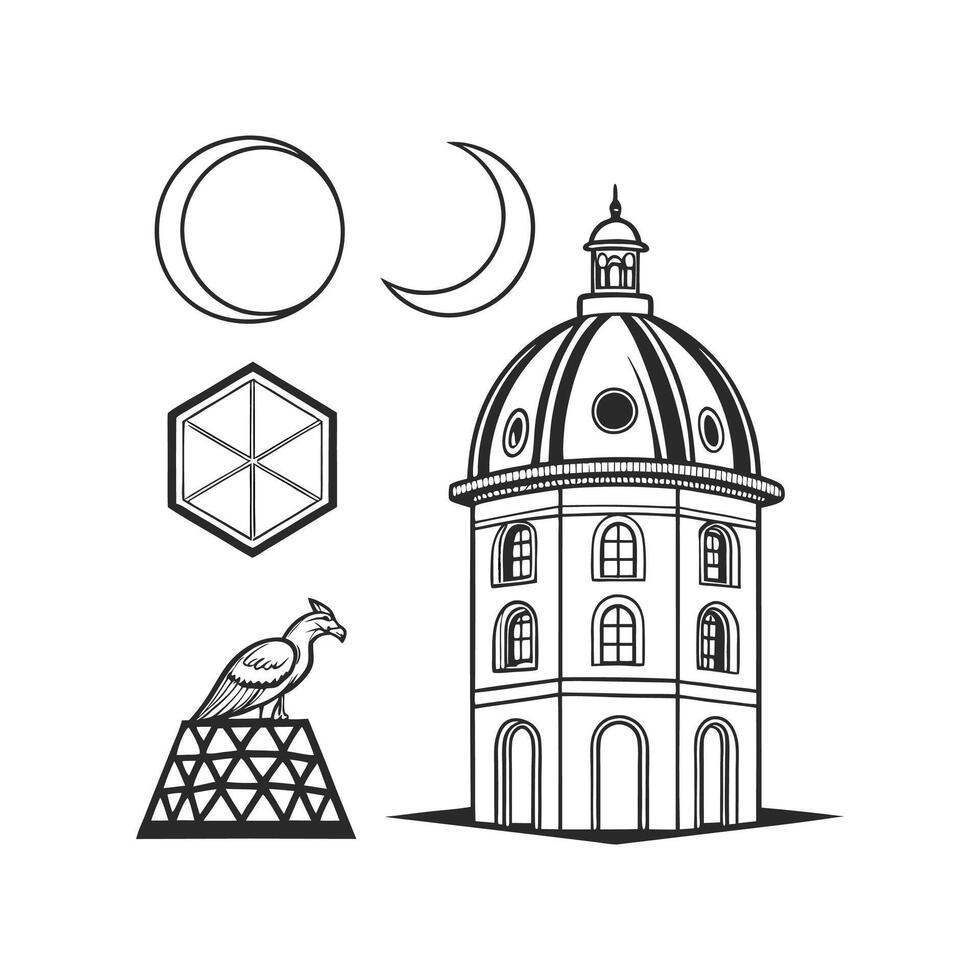 A drawing of a building with a bird on it vector