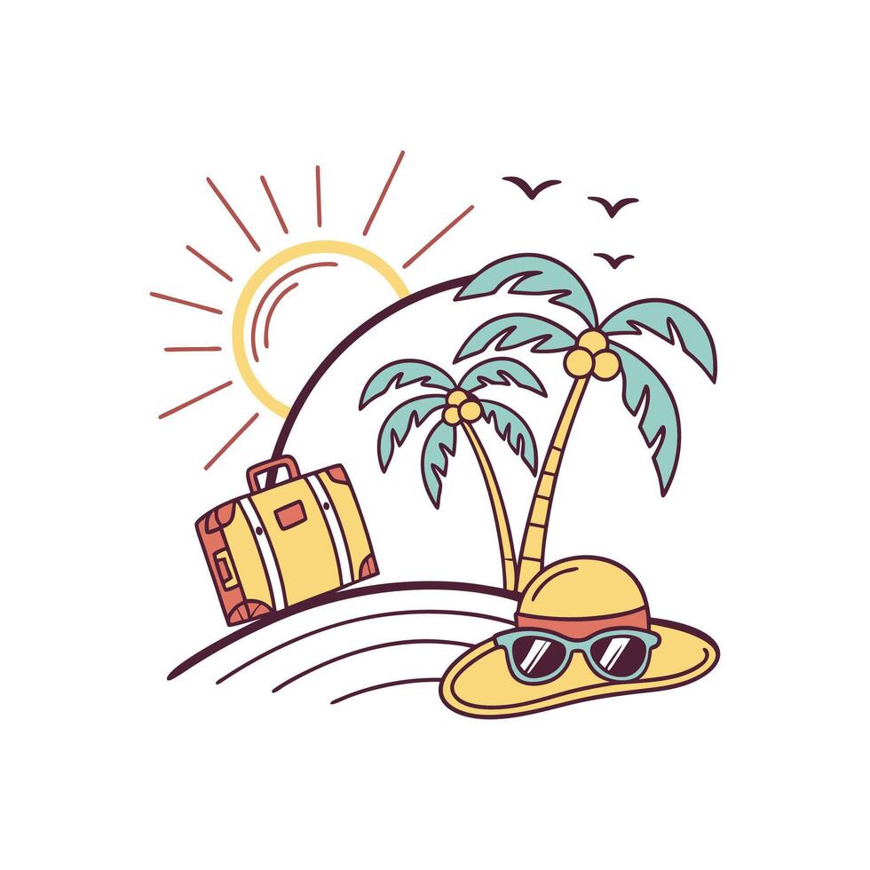 Tropical island with palm trees and hat illustration vector