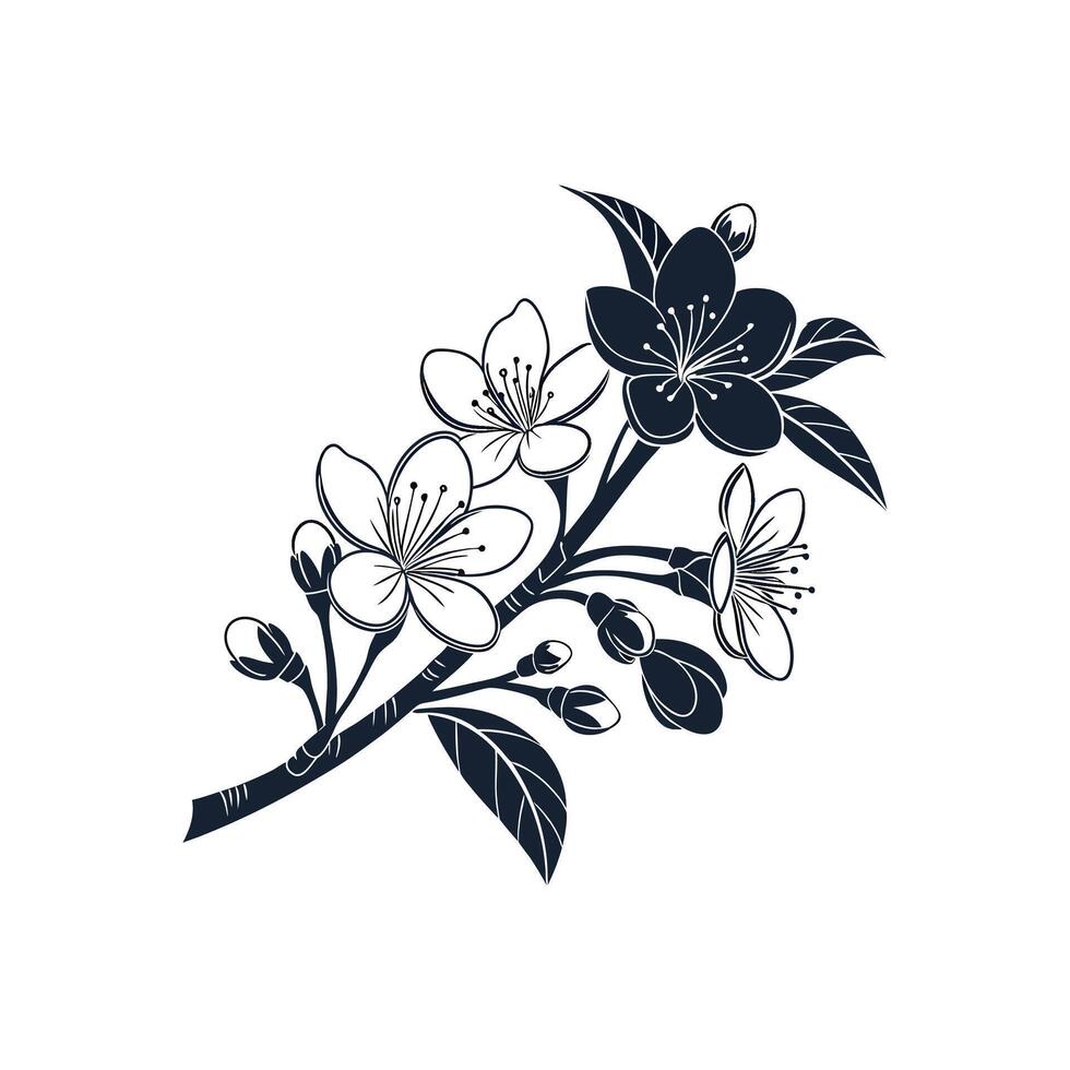 A black and white illustration of a branch with flowers vector