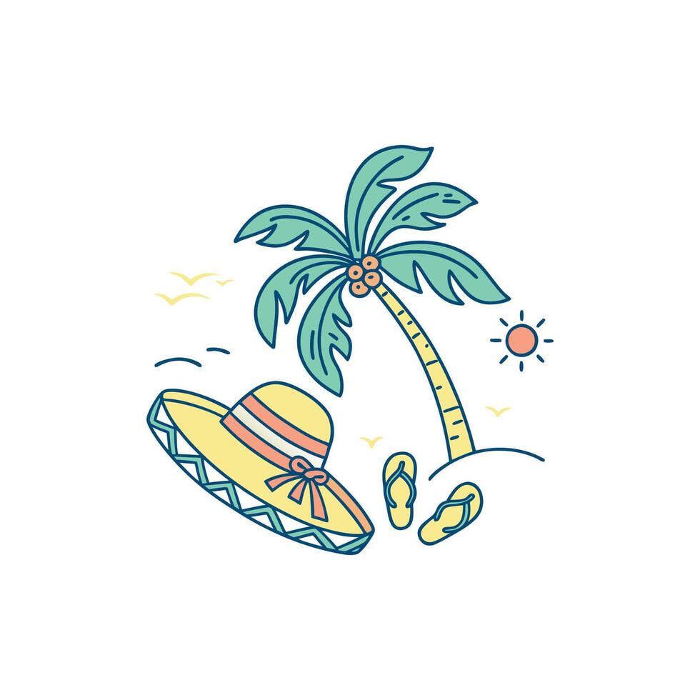 Tropical beach with palm tree and hat illustration vector