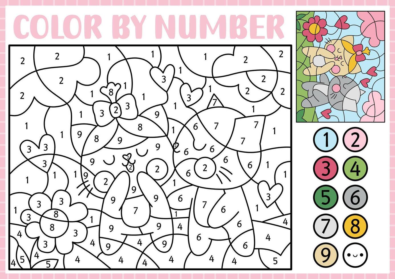 Saint Valentine color by number activity with cute kawaii cats couple. Love holiday scene. Black and white counting game with funny kissing kittens, hearts. Coloring page for kids vector