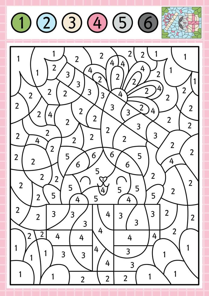 Saint Valentine color by number activity with cute kawaii cat getting out the present box. Love holiday scene. Black and white counting game with funny kitten. Coloring page for kids vector