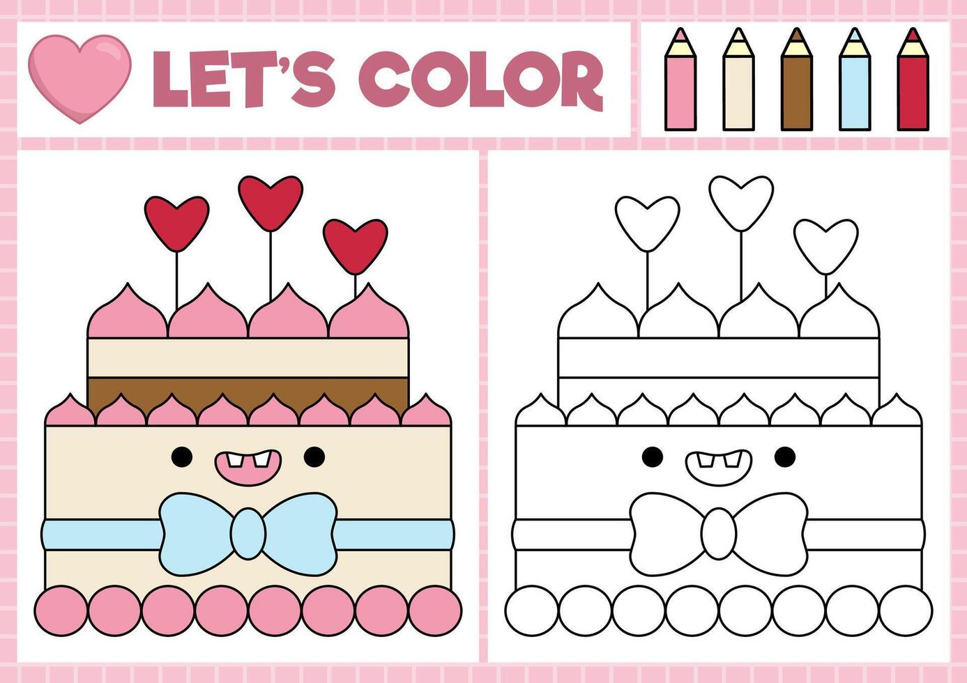 Saint Valentine coloring page for children with cute kawaii cake with heart shaped candles. love holiday outline illustration. Color book for kids with colored example. Drawing skills worksheet vector