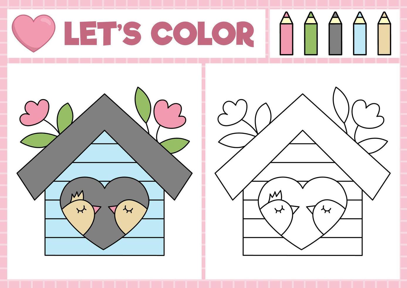 Saint Valentine coloring page for children with cute kawaii birdhouse with birds. love holiday outline illustration. Color book for kids with colored example. Drawing skills worksheet vector
