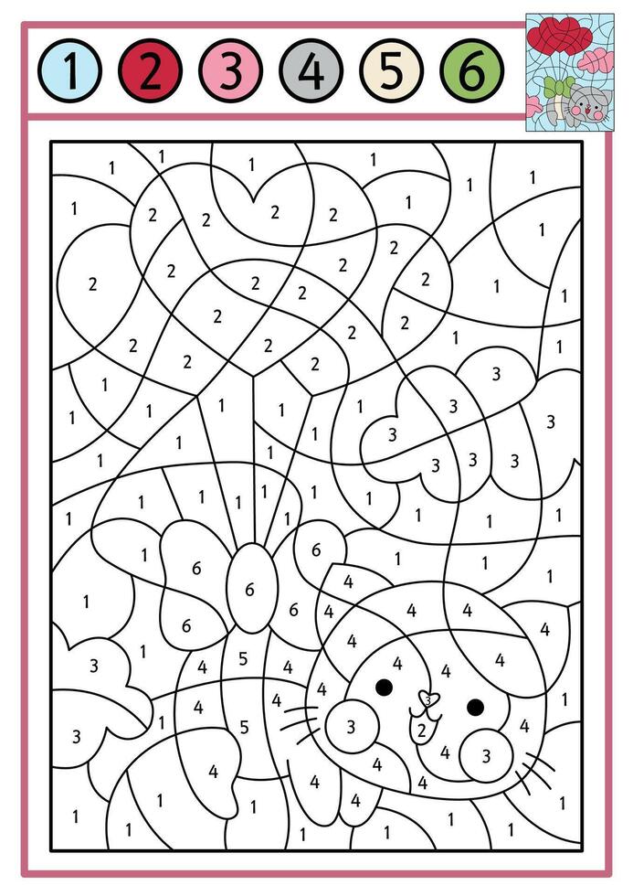 Saint Valentine color by number activity with cute kawaii cat flying on heart shaped balloons. Love holiday scene. Black and white counting game with funny kitten. Coloring page for kids vector