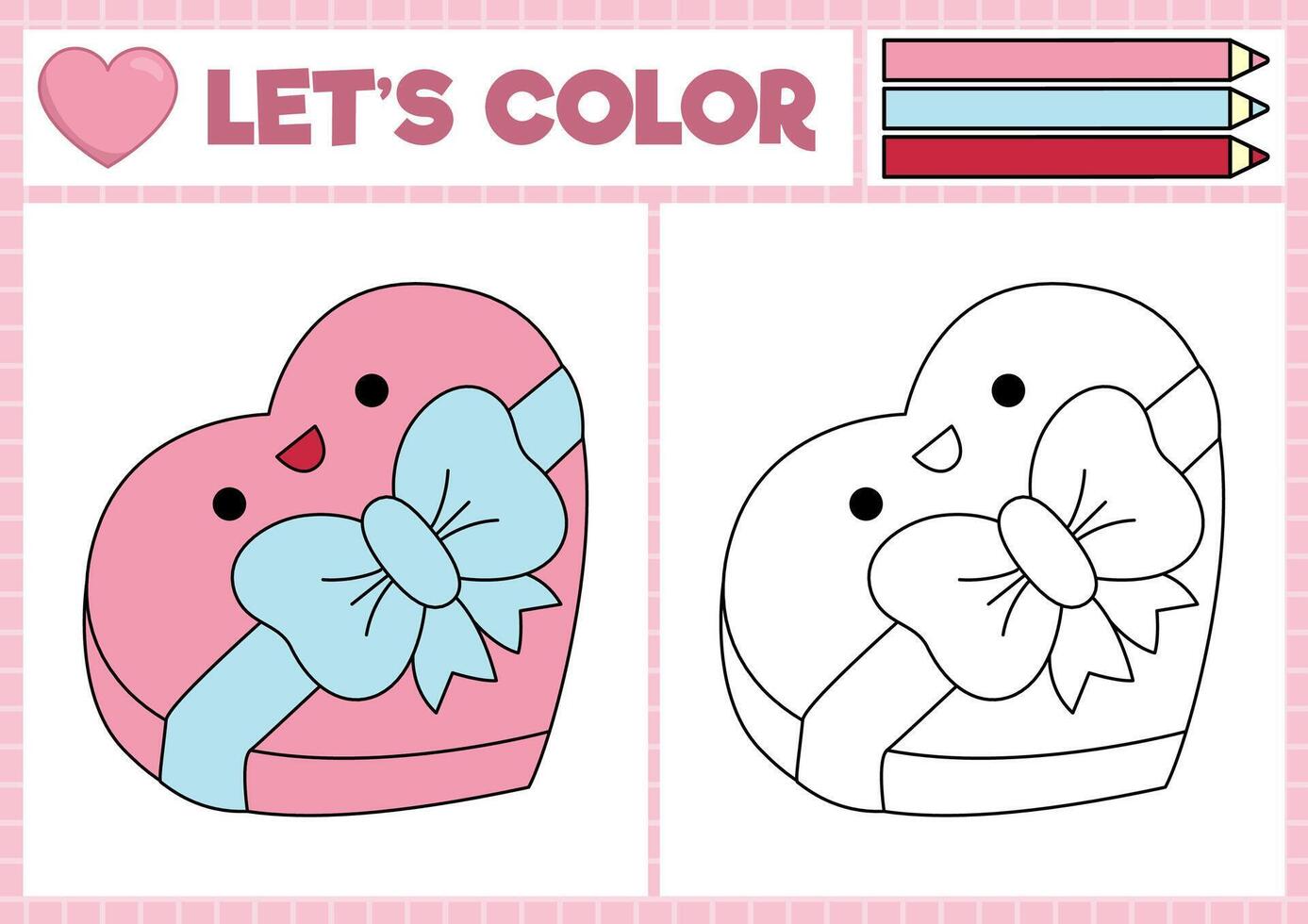 Saint Valentine coloring page for children with cute kawaii heart shaped sweet box. love holiday outline illustration. Color book for kids with colored example. Drawing skills worksheet vector