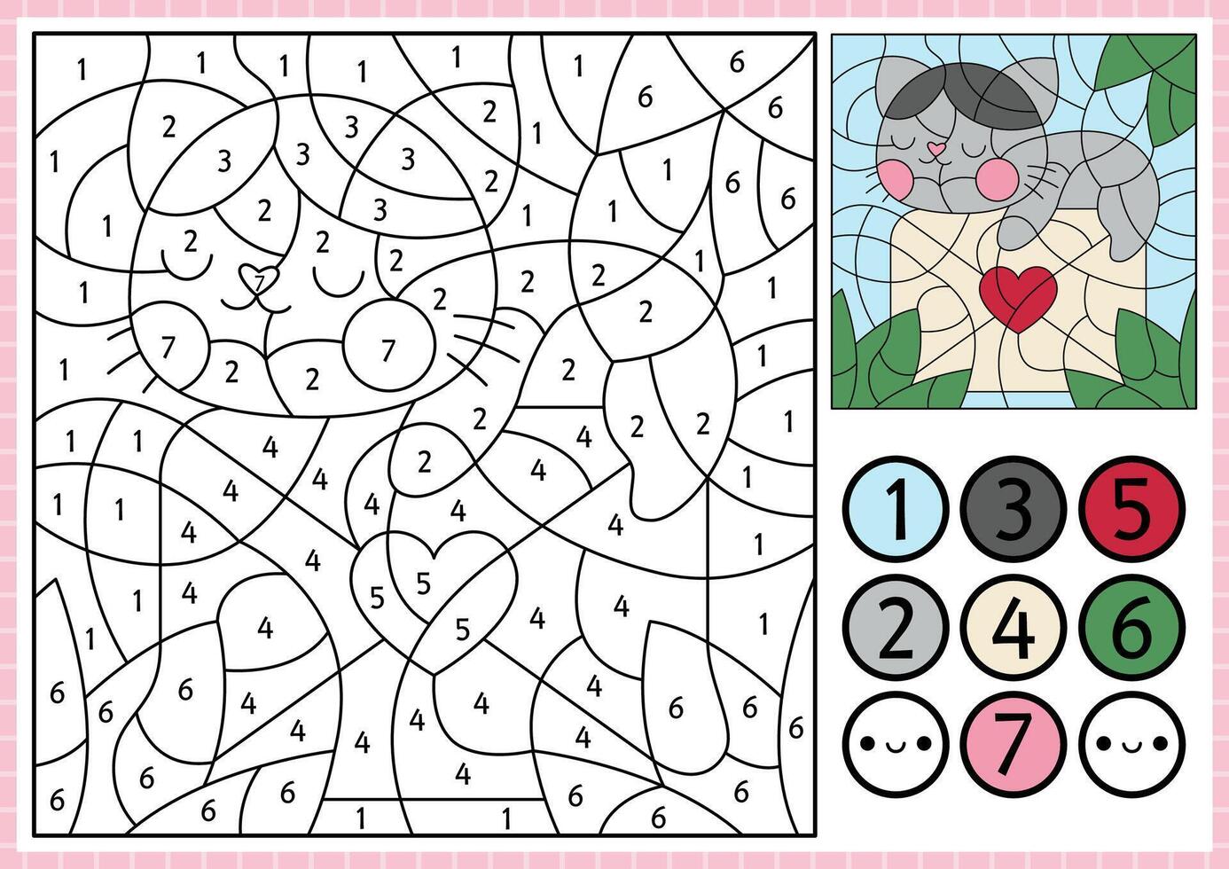 Saint Valentine color by number activity with cute kawaii cat lying on the letter sealed with heart. Love holiday scene. Black and white counting game with funny kitten. Coloring page for kids vector