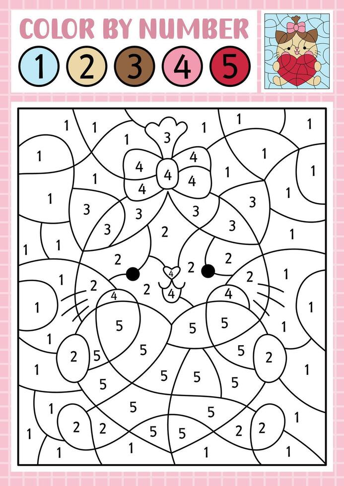Saint Valentine color by number activity with cute kawaii cat holding heart. Love holiday scene. Black and white counting game with funny kitten girl. Coloring page for kids vector