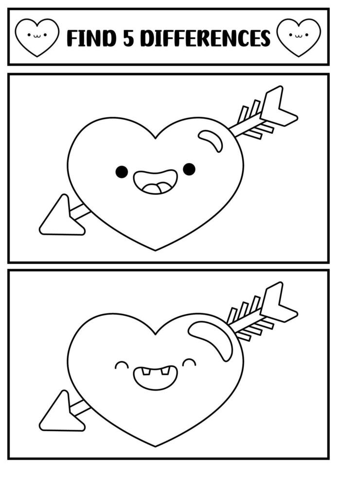 Saint Valentine kawaii black and white find differences game. Attention skills activity with heart pierced with arrow. Love holiday puzzle, coloring page for kids. Printable what different worksheet vector