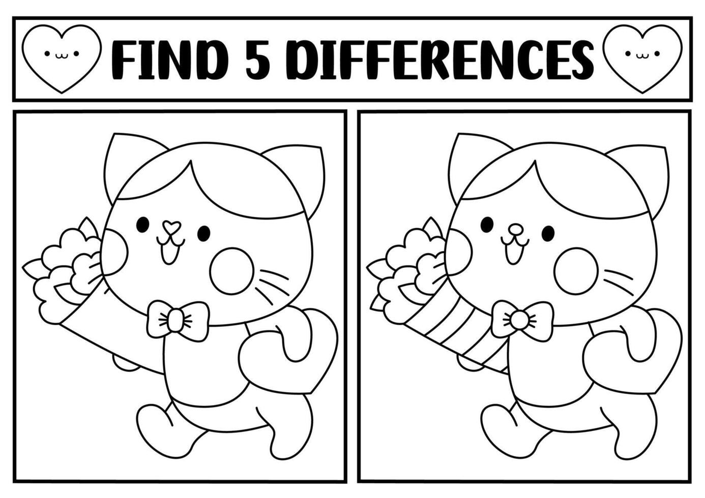 Saint Valentine kawaii black and white find differences game. Attention skills activity with cute cat with flower bouquet, heart. Love holiday puzzle, coloring page for kids. Printable worksheet vector