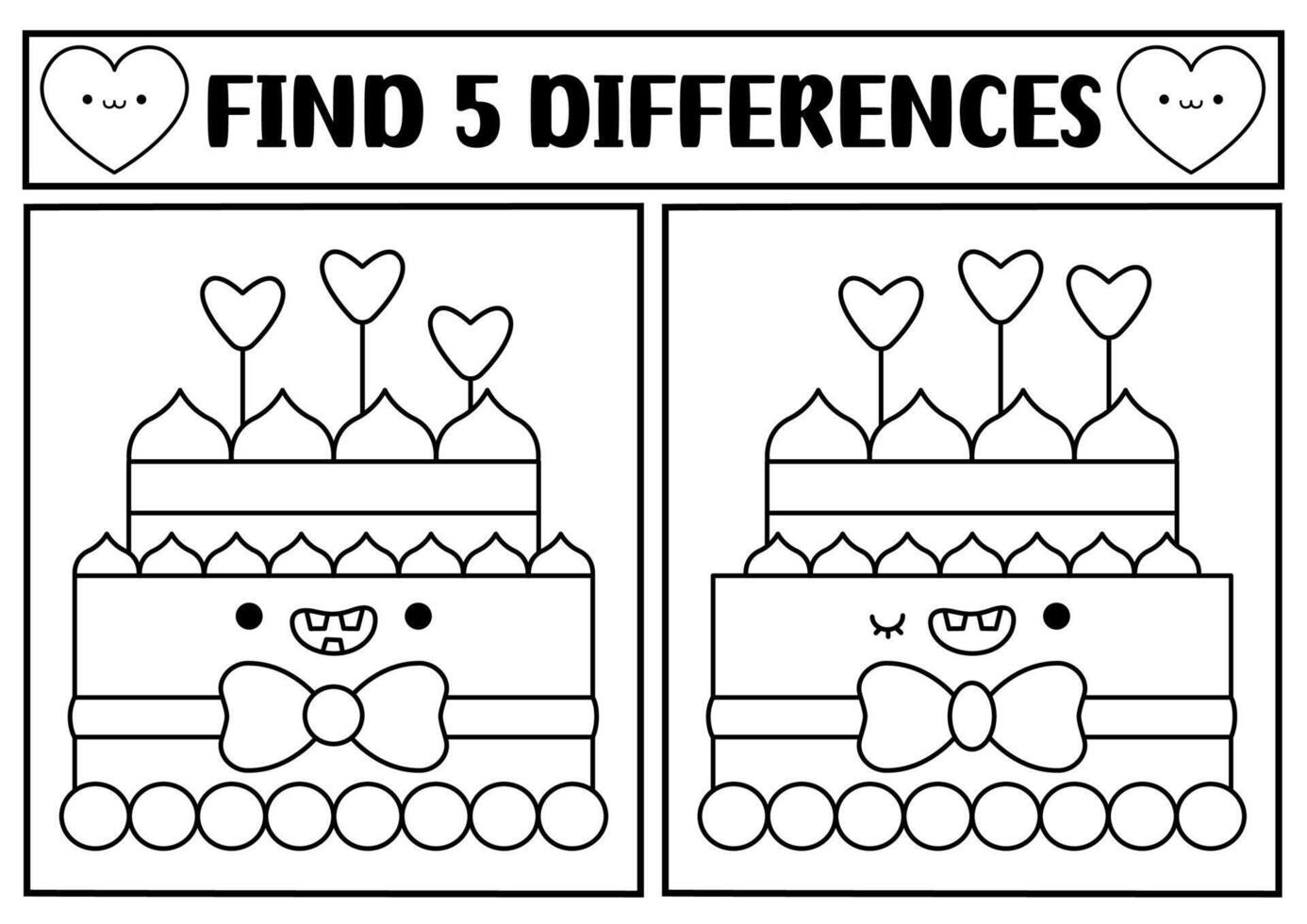 Saint Valentine kawaii black and white find differences game. Attention skills line activity with cute cake with heart shaped candles. Love holiday puzzle, coloring page for kids. Printable worksheet vector