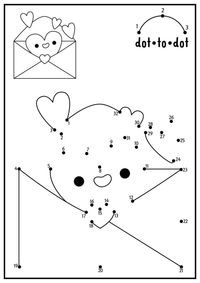 Saint Valentine dot-to-dot and color activity with cute kawaii heart getting out letter. Love holiday connect the dots game. Coloring page for kids. Printable worksheet vector